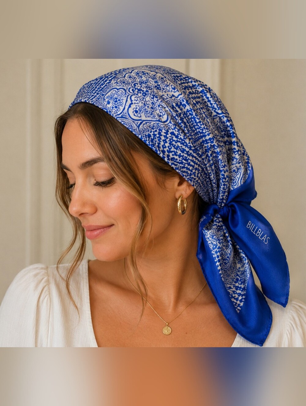 Bill Blass Silk Scarf Blue White Paisley Head Scarf 30x30 Vintage Chic